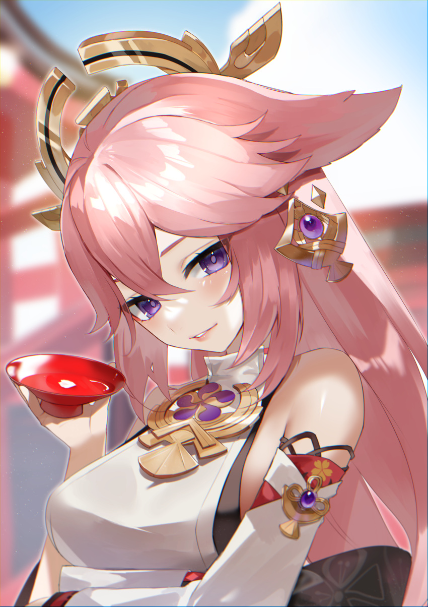 1girl absurdres alcohol animal_ears blurry blurry_background breasts cup detached_sleeves fox_ears genshin_impact hair_between_eyes hair_ornament highres holding holding_cup japanese_clothes lips long_hair looking_at_viewer medium_breasts nontraditional_miko petals pink_hair priestess purple_eyes reirou_(chokoonnpu) sakazuki solo upper_body yae_miko