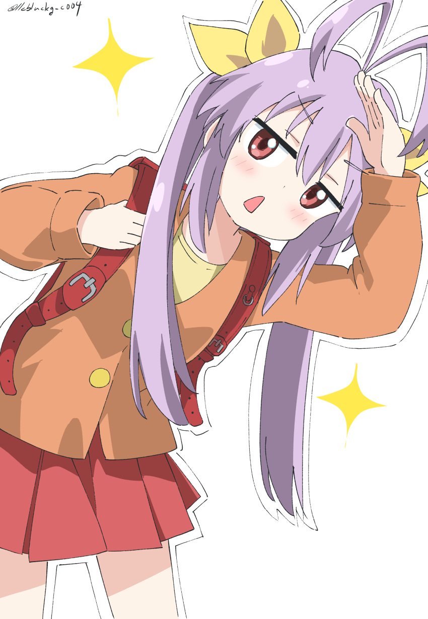 1girl absurdres ahoge antenna_hair backpack bag bangs blush commentary cynical_(llcbluckg_c004) eyebrows_visible_through_hair hair_between_eyes hair_ribbon hand_up highres leaning_to_the_side long_hair looking_at_viewer miyauchi_renge non_non_biyori open_mouth purple_hair randoseru ribbon simple_background solo sparkle standing twintails twitter_username white_background yellow_ribbon