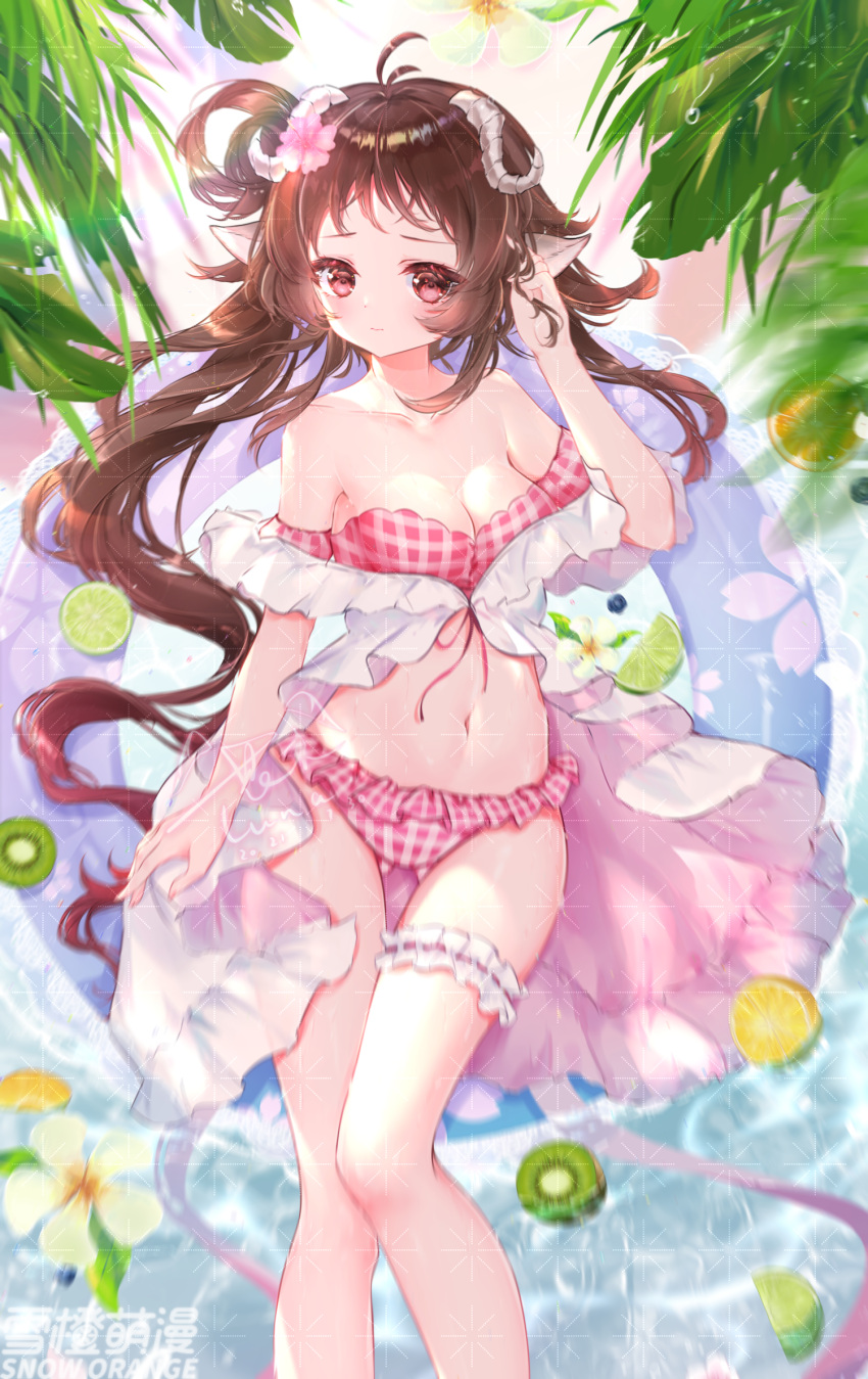 1girl animal_ears antenna_hair arknights artist_name bikini breasts brown_hair cleavage eyjafjalla_(arknights) eyjafjalla_(summer_flowers)_(arknights) feet_out_of_frame food fruit hanajiang hand_in_hair hand_up highres kiwi_(fruit) leaf long_hair looking_at_viewer medium_breasts navel off-shoulder_bikini off_shoulder official_alternate_costume pink_bikini pink_eyes sheep_ears sheep_girl solo stomach swimsuit thigh_strap very_long_hair water