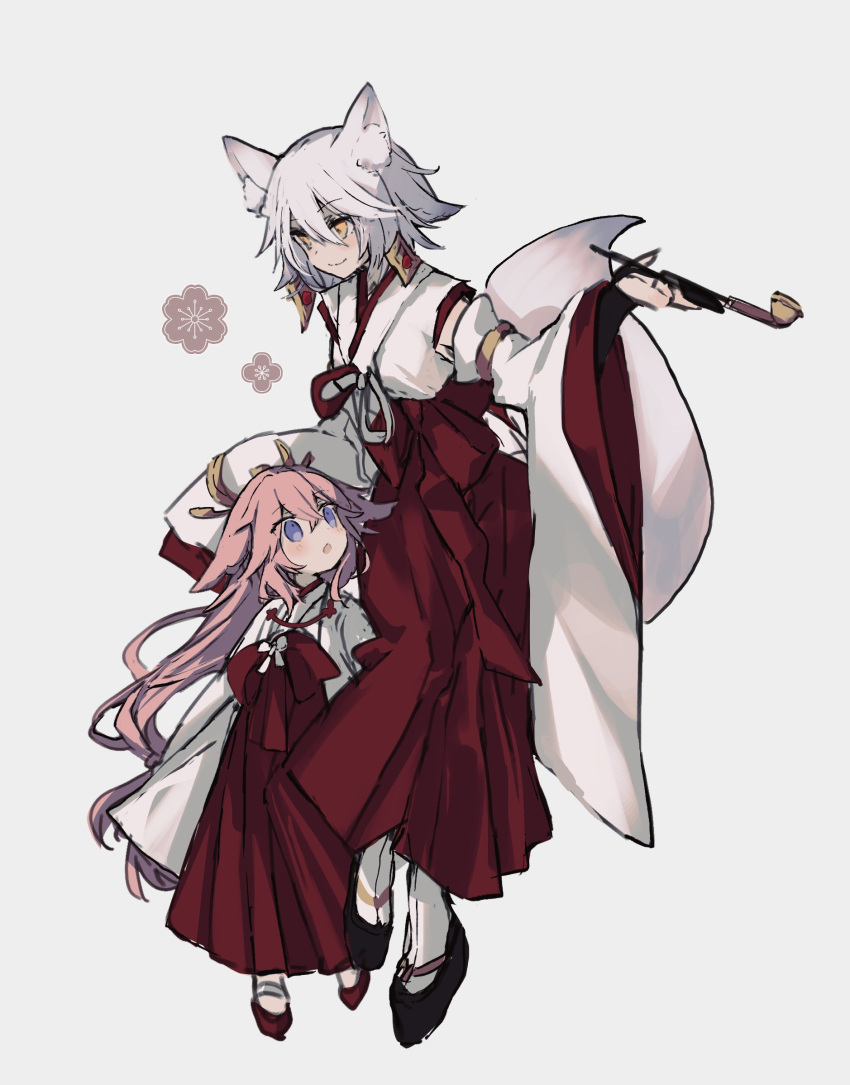 1225ka 2girls :o animal_ear_fluff animal_ears child closed_mouth detached_sleeves earrings fox_ears fox_girl fox_tail genshin_impact hakama hakama_skirt highres holding holding_pipe japanese_clothes jewelry kimono kiseru kitsune_saiguu long_hair long_sleeves looking_to_the_side multiple_girls okobo pink_hair pipe purple_eyes red_hakama red_skirt short_hair skirt smile tabi tail white_hair white_kimono white_legwear wide_sleeves yae_miko yellow_eyes younger