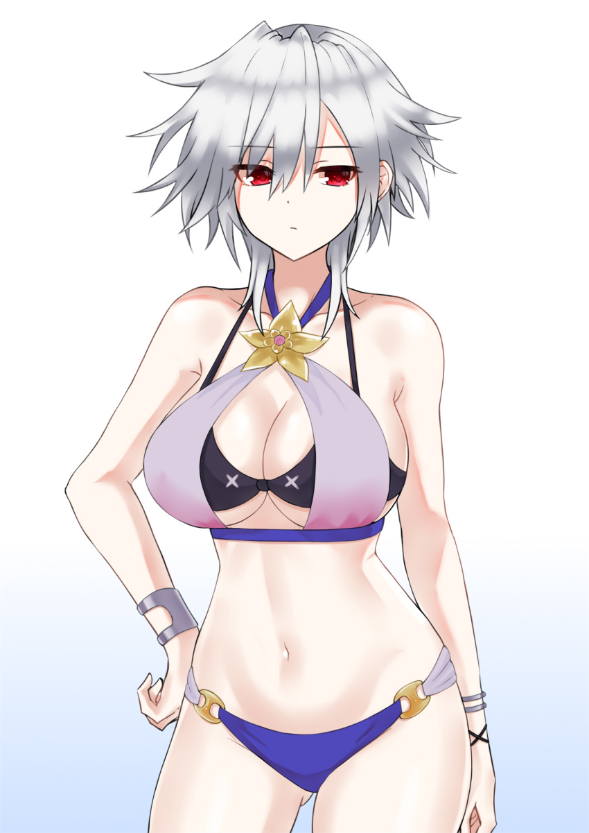 1girl ass_visible_through_thighs bikini bracelet breasts cleavage gradient gradient_background hand_on_hip highres jewelry large_breasts neptune_(series) red_eyes reward_available s-sha shin_jigen_game_neptune_vii short_hair silver_hair solo swimsuit zatsu