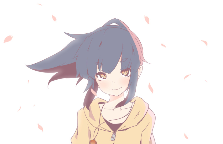 1girl akari_(raigou) bangs black_hair black_shirt cherry_blossoms commentary_request eyebrows_visible_through_hair hood hoodie jewelry long_hair looking_at_viewer original pendant petals ponytail raigou ringed_eyes shirt simple_background smile solo thick_eyebrows upper_body white_background wind yellow_eyes yellow_hoodie
