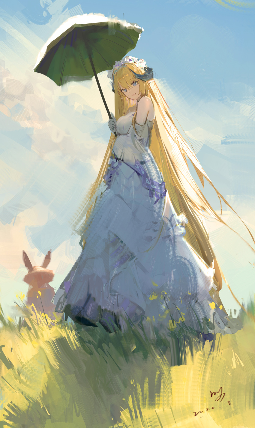 1girl absurdly_long_hair absurdres arknights bangs bare_shoulders blonde_hair blue_eyes blue_sky breasts bunny chinese_commentary cloud commentary_request day dress eyebrows_visible_through_hair gloves grass hair_between_eyes head_tilt highres holding holding_umbrella horns large_breasts long_hair looking_at_viewer off-shoulder_dress off_shoulder outdoors qiumoyixing saileach_(appreciate_fragrance)_(arknights) saileach_(arknights) sky smile solo standing umbrella very_long_hair white_dress white_gloves