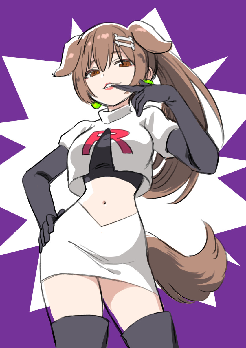 1girl animal_ears biting black_gloves bone_hair_ornament breasts brown_eyes brown_hair contrapposto cosplay cowboy_shot crop_top dog_ears dog_girl dog_tail earrings elbow_gloves glove_biting gloves hair_ornament highres hololive inugami_korone jessie_(pokemon) jessie_(pokemon)_(cosplay) jewelry long_hair medium_breasts midriff miniskirt navel pink_lips pokemon pokemon_(anime) ponytail sabaku_chitai skirt solo tail thighhighs virtual_youtuber zettai_ryouiki