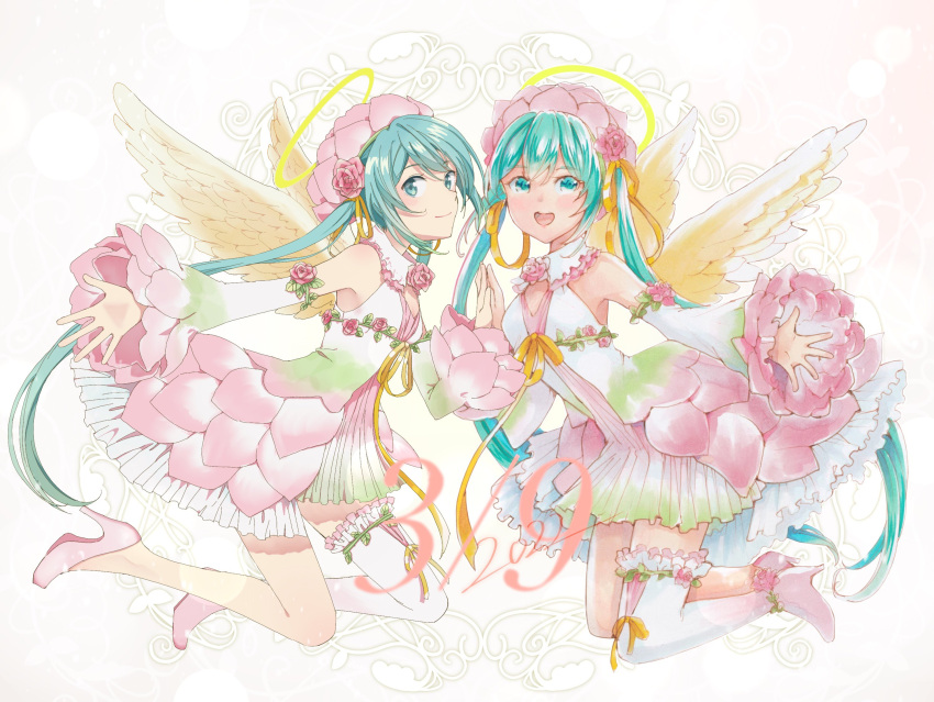 2girls 39 agonasubi angel angel_wings aqua_eyes aqua_hair bare_shoulders collaboration commentary detached_sleeves dress feathered_wings flower from_side full_body hair_flower hair_ornament halo hatsune_miku high_heels highres layered_dress legs_up long_hair looking_at_viewer looking_to_the_side lotus mayo_riyo multicolored_clothes multicolored_dress multiple_girls open_mouth outstretched_arm pink_dress pink_flower pink_footwear pink_sleeves ribbon shirt single_thighhigh sleeveless sleeveless_shirt slippers smile symmetry thighhighs twintails very_long_hair vocaloid white_background white_dress white_legwear white_sleeves wide_sleeves wings