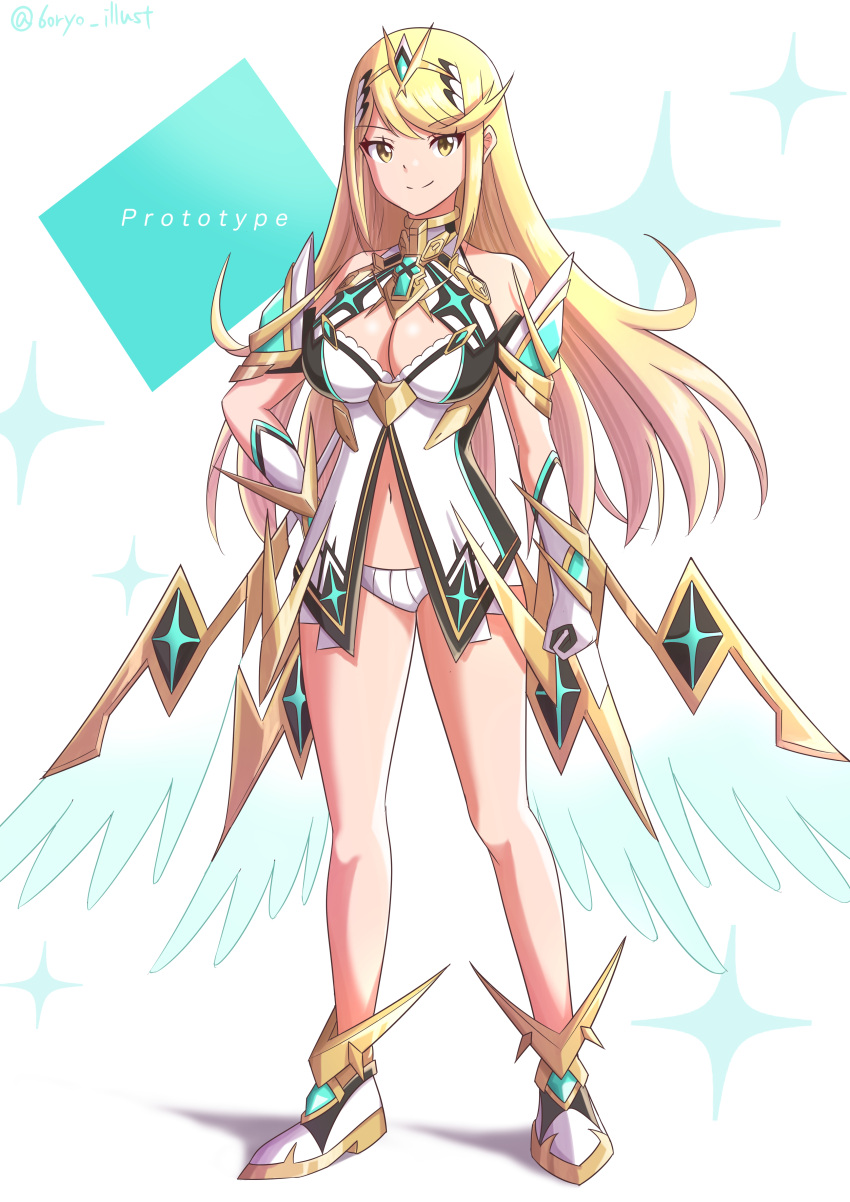 1girl absurdres bangs bare_legs bare_shoulders blonde_hair breasts chest_jewel cleavage cleavage_cutout clothing_cutout dress earrings gloves highres jewelry large_breasts long_hair mythra_(xenoblade) mythra_(xenoblade)_(prototype) prototype ryochan96154 short_dress solo swept_bangs tiara very_long_hair white_dress white_footwear white_gloves xenoblade_chronicles_(series) xenoblade_chronicles_2 yellow_eyes