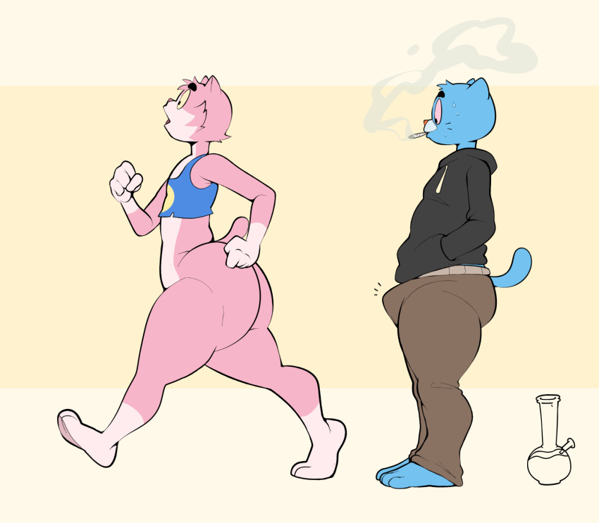 anthro big_butt bong bulge butt cartoon_network cousins domestic_cat drugs duo erection_pushing_underwear eroborus felid feline felis gumball_watterson hi_res male male/male mammal marijuana roz the_amazing_world_of_gumball thick_thighs wide_hips