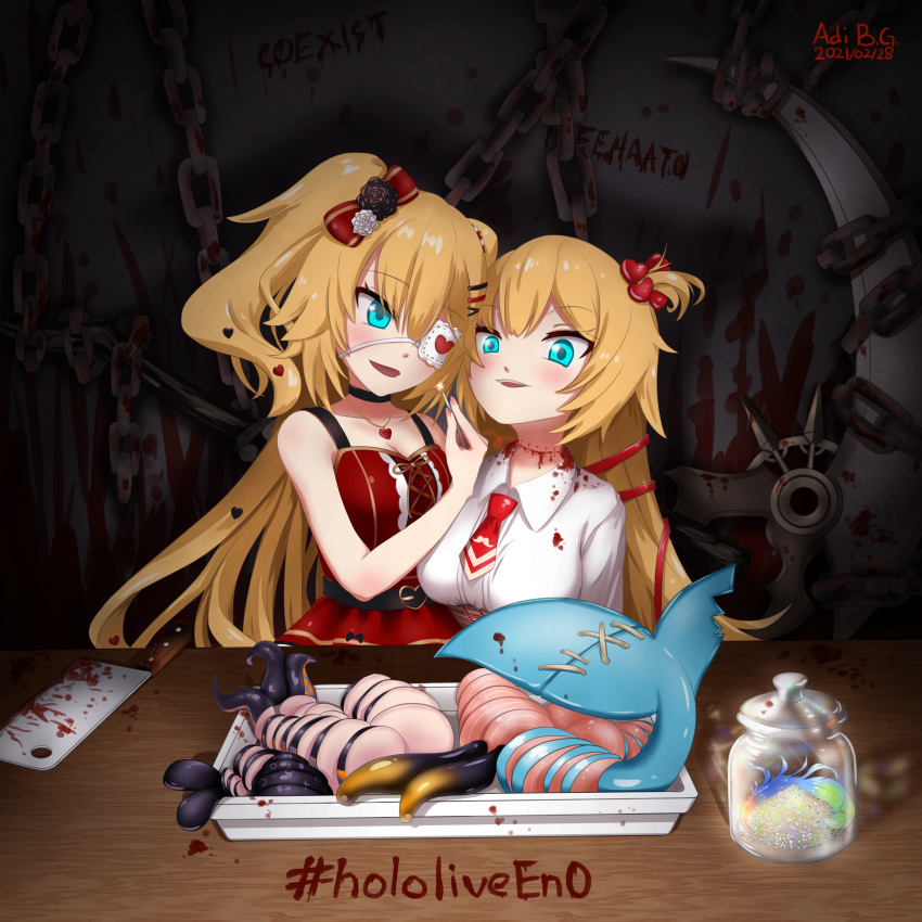 2girls absurdres adi_b.g. akai_haato ashes bangs blonde_hair blood blood_on_clothes blood_on_knife blood_on_wall blue_eyes blush bow breasts chain cleavage cleaver commentary cosplay dress dual_persona english_commentary eyepatch food gawr_gura guro hair_bow hair_ornament hair_ribbon hashtag heart heart_hair_ornament heart_necklace highres hololive hololive_english horror_(theme) jar knife long_hair matches meat mori_calliope multiple_girls necktie ninomae_ina'nis one_eye_covered open_mouth red_dress ribbon scythe smile stitched_neck stitches takanashi_kiara tentacles virtual_youtuber watson_amelia watson_amelia_(cosplay)