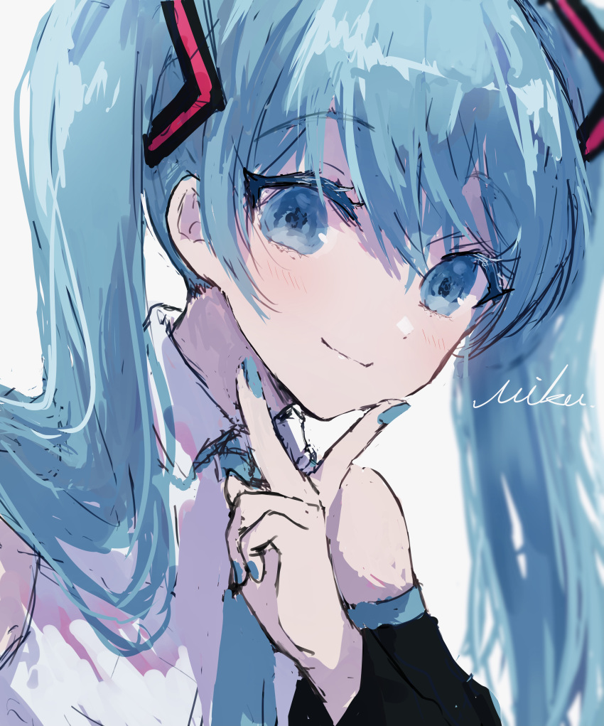 1girl absurdres bangs black_sleeves blue_eyes blue_hair blue_nails blue_necktie character_name closed_mouth collared_shirt detached_sleeves eyebrows_visible_through_hair hair_between_eyes hatsune_miku highres long_hair long_sleeves looking_at_viewer nail_polish necktie portrait saikisaika shiny shiny_hair shirt sketch sleeveless sleeveless_shirt smile solo twintails vocaloid white_background white_shirt wing_collar