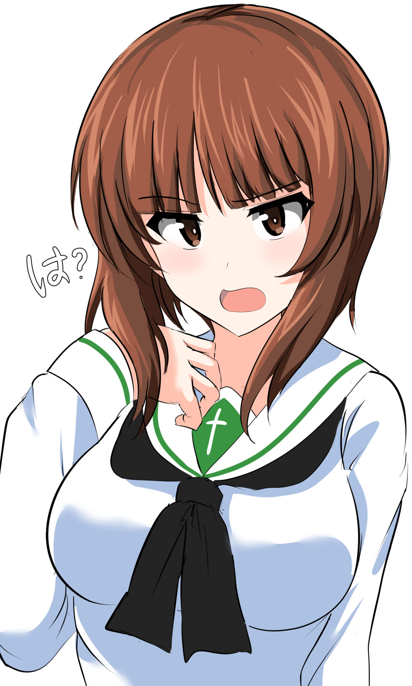 1girl absurdres aikir_(jml5160) angry bangs black_neckerchief blouse brown_eyes brown_hair commentary eyebrows_visible_through_hair frown girls_und_panzer hand_in_hair highres long_sleeves looking_at_viewer neckerchief nishizumi_miho ooarai_school_uniform open_mouth sailor_collar school_uniform serafuku short_hair simple_background solo translated upper_body white_background white_blouse white_sailor_collar