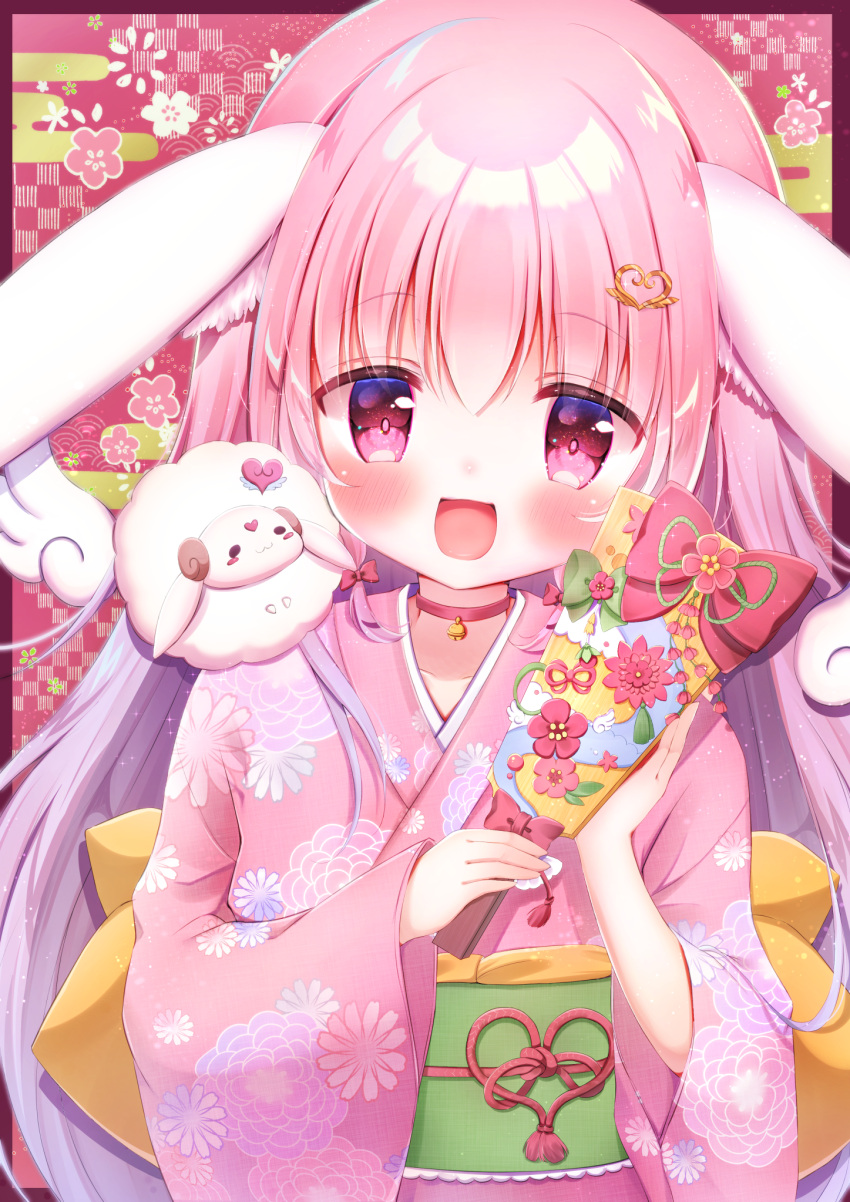 1girl animal_ears bangs blush bunny facing_viewer flat_chest hair_ornament hanasakichu hands_up highres japanese_clothes kimono long_hair original pink_eyes pink_hair rabbit_ears ribbon sheep smile virtual_youtuber wings