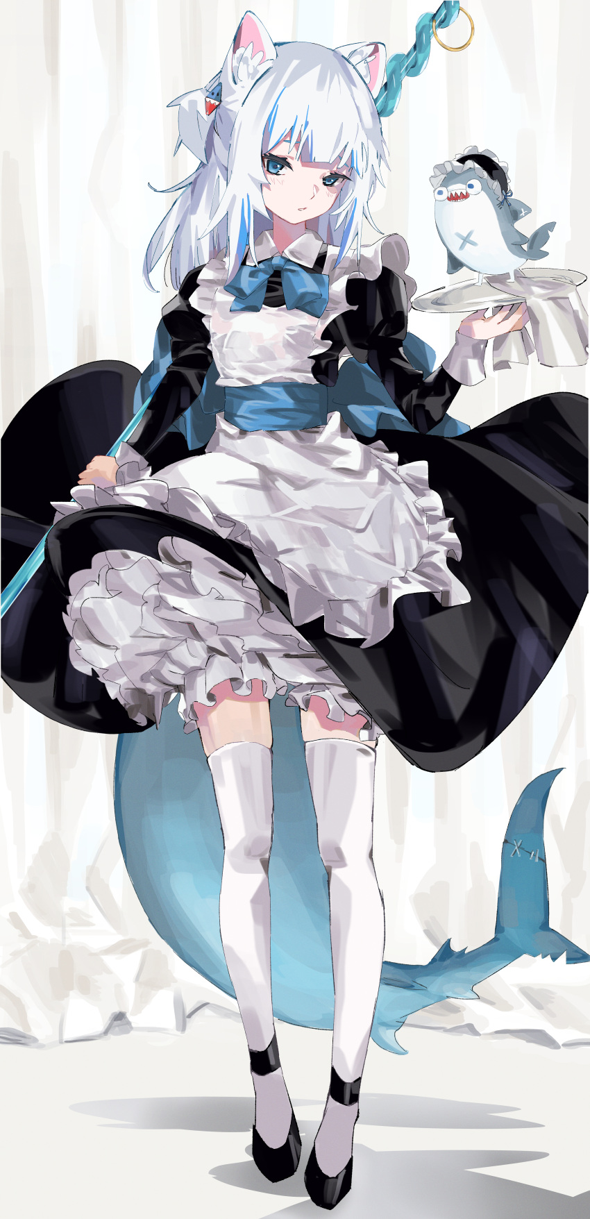 1girl absurdres alternate_costume animal_ears apron bine_kun black_dress black_footwear bloop_(gawr_gura) blue_eyes blue_hair blue_neckwear bow cat_ears commentary dress english_commentary fish_tail frilled_apron frills full_body gawr_gura hair_ornament highres hololive hololive_english long_hair long_sleeves maid maid_apron mixed-language_commentary multicolored_hair polearm shark_girl shark_hair_ornament shark_tail silver_hair simple_background solo standing streaked_hair tail thighhighs trident virtual_youtuber weapon white_apron white_background white_legwear