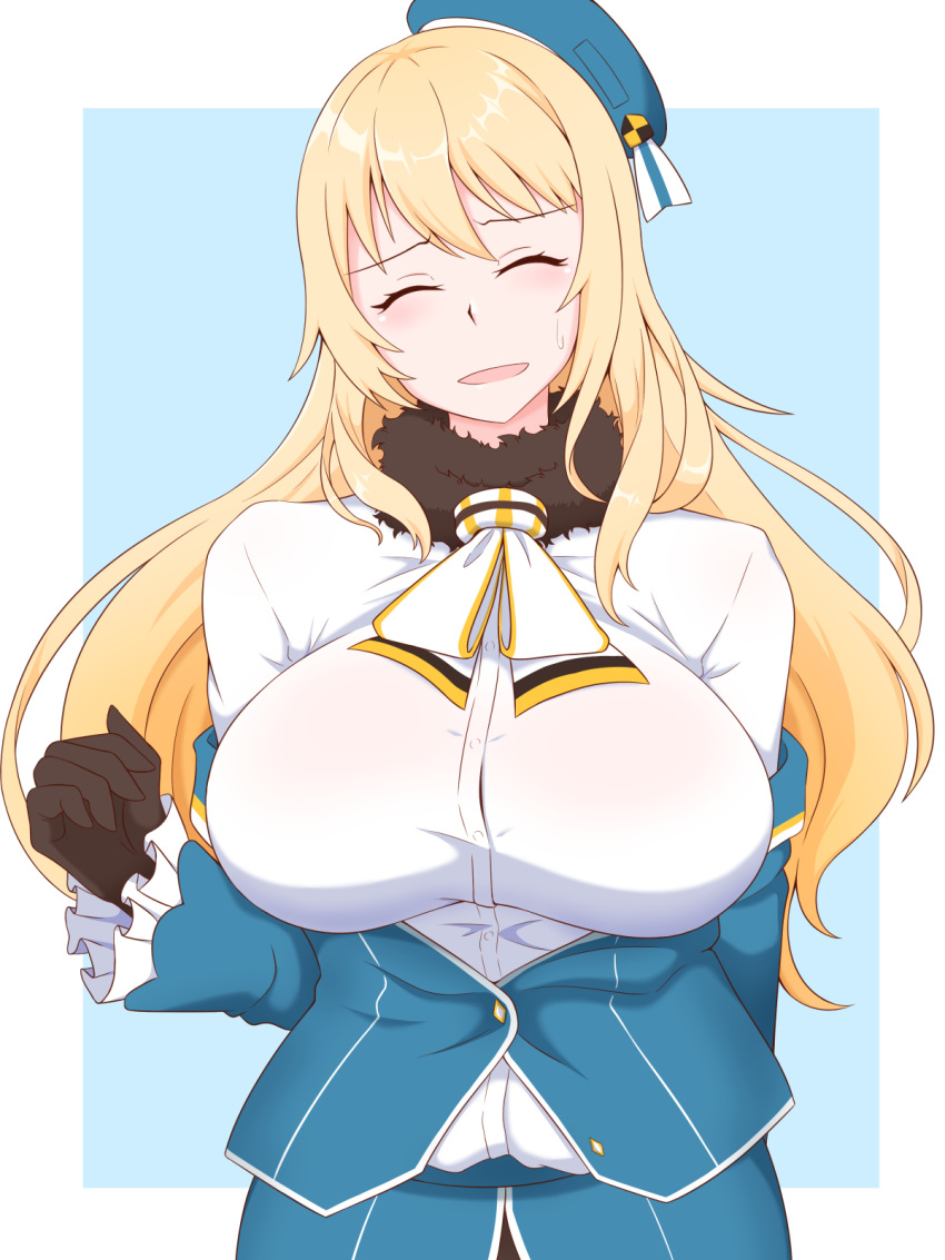 1girl ascot atago_(kancolle) beret black_gloves blonde_hair blue_headwear blue_jacket breasts closed_eyes frilled_sleeves frills gloves hat highres jacket kantai_collection lactone large_breasts long_hair military military_uniform off_shoulder shirt solo uniform white_ascot white_shirt