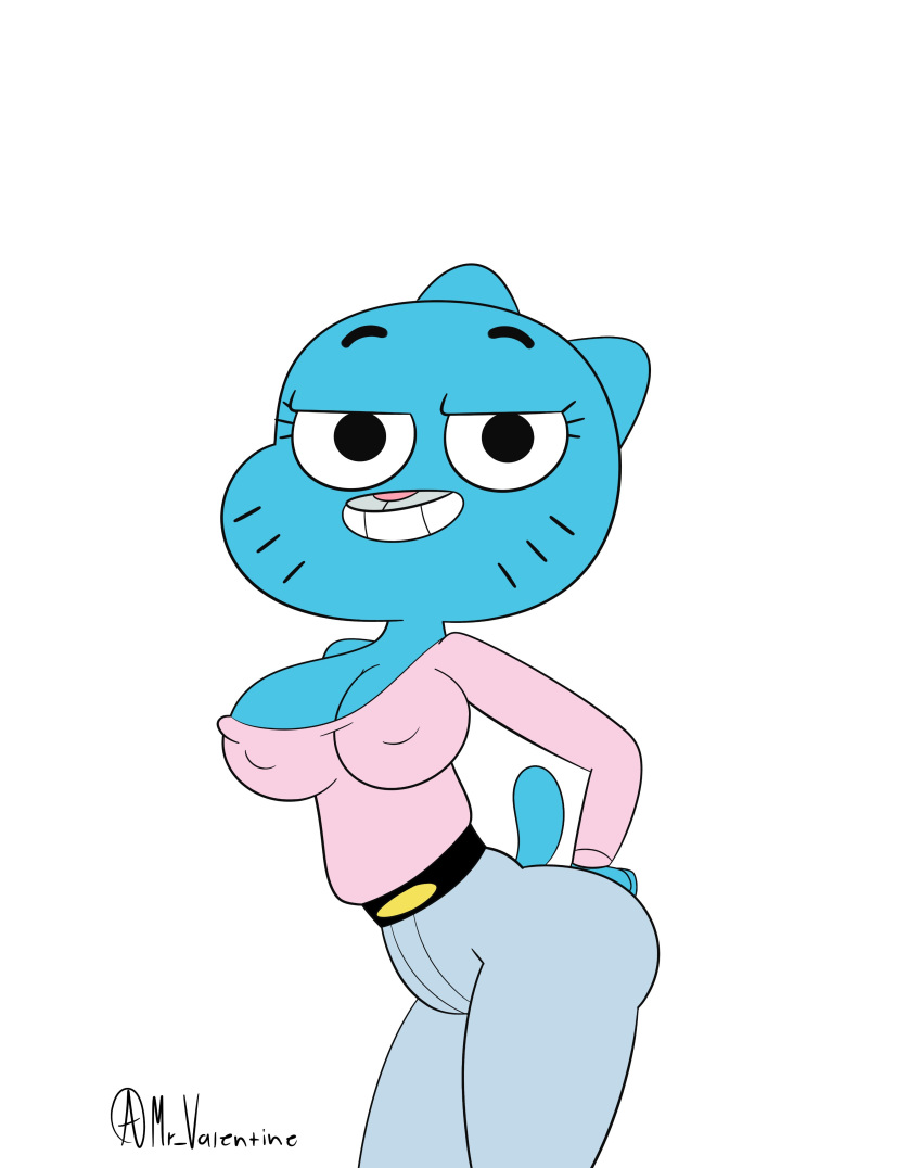 2021 absurd_res anthro big_breasts big_butt blue_body blue_fur bottomwear breasts butt cartoon_network cleavage clothed clothing domestic_cat felid feline felis female fur hi_res mammal mr_valentine00 nicole_watterson nipple_outline pants simple_background solo the_amazing_world_of_gumball white_background