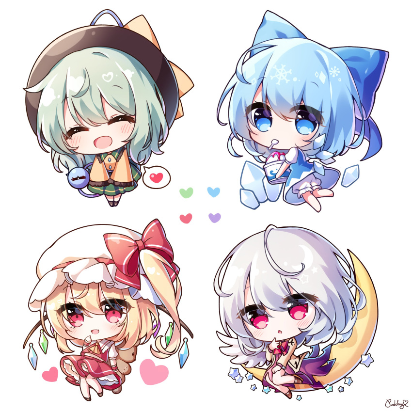 4girls absurdres animal_ears artist_name ascot back bangs barefoot bear_ears beige_jacket black_headwear blonde_hair bloomers blue_bow blue_dress blue_eyes blue_hair blush bow brown_footwear bucket chibi chopsticks cirno closed_eyes collared_shirt crescent_moon crystal dark_skin dress eyeball eyebrows_visible_through_hair eyes_visible_through_hair fairy fang feathered_wings flandre_scarlet floral_print flying food frilled_shirt_collar frilled_sleeves frills from_behind full_body green_hair green_skirt hair_between_eyes hand_up hanging happy hat hat_bow hat_ribbon heart heart_of_string highres holding holding_chopsticks ice ice_cream ice_wings jacket jewelry kishin_sagume komeiji_koishi leg_up long_sleeves looking_to_the_side medium_hair mob_cap moon multicolored_wings multiple_girls one_side_up open_clothes open_jacket open_mouth parted_lips pink_eyes pudding_(skymint_028) puffy_short_sleeves puffy_sleeves purple_dress red_bow red_skirt red_vest ribbon shirt shoes short_hair short_sleeves sidelocks signature simple_background single_wing skirt smile snowflakes spoon standing standing_on_one_leg star_(symbol) stuffed_animal stuffed_toy teddy_bear third_eye tongue touhou toy underwear vest wavy_hair white_background white_hair white_headwear white_shirt white_wings wide_sleeves wings wrist_cuffs yellow_ascot yellow_ribbon yellow_shirt