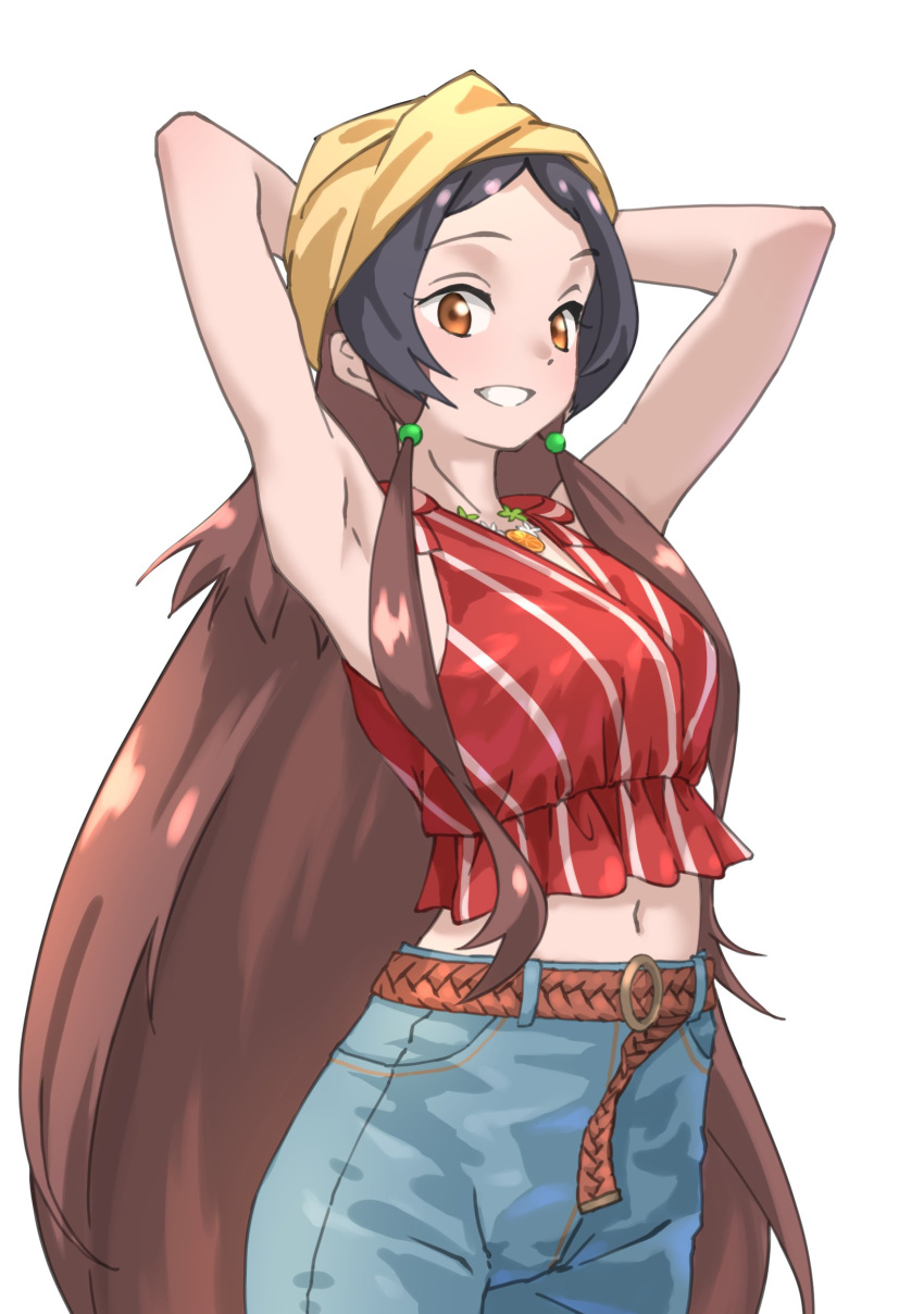 1girl absurdres armpits arms_behind_head arms_up belt black_hair brown_eyes brown_hair commentary grin highres kemono_friends long_hair looking_at_viewer midriff_peek multicolored_hair navel orangutan_(kemono_friends) pants shirt sidelocks simple_background sleeveless sleeveless_shirt smile solo striped striped_shirt tanabe_(fueisei) two-tone_hair vertical-striped_shirt vertical_stripes very_long_hair white_background