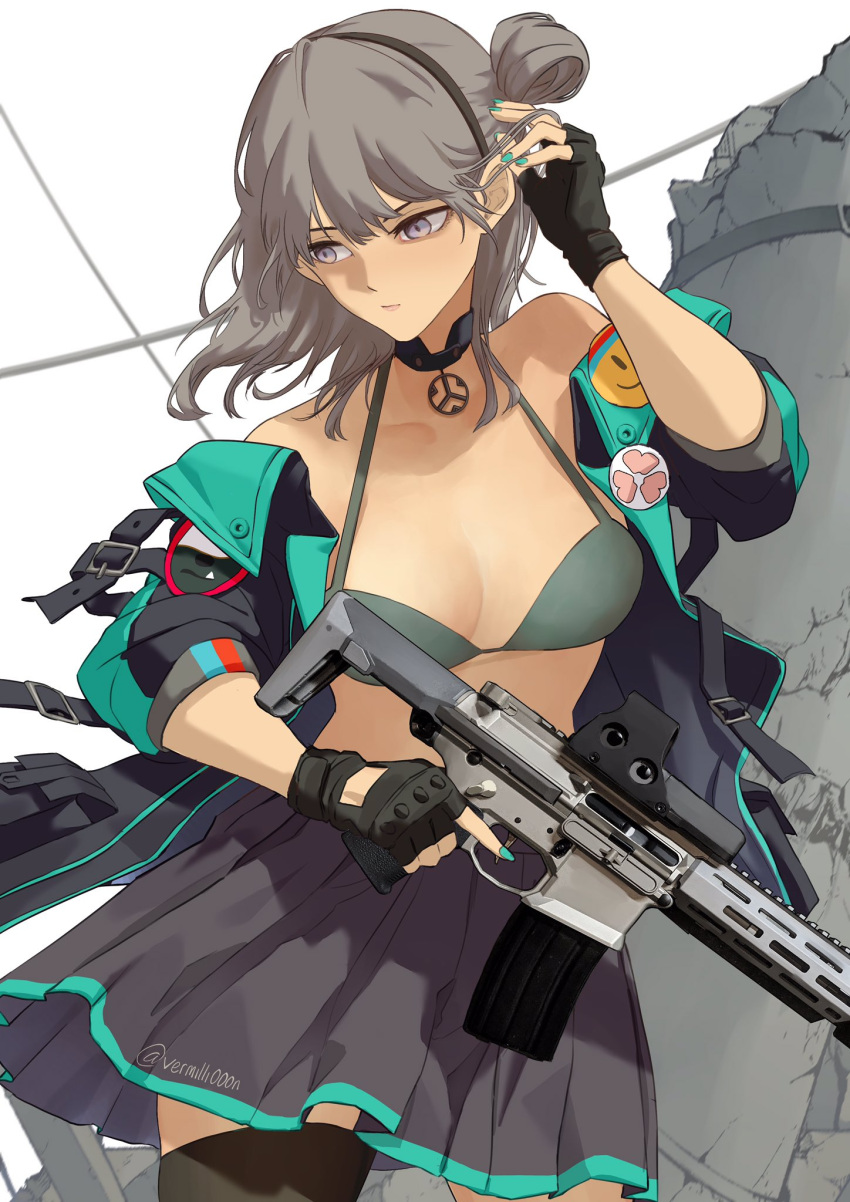 1girl aqua_nails bangs black_gloves black_jacket black_legwear black_skirt bra bra_strap closed_mouth eyebrows_visible_through_hair feet_out_of_frame fingerless_gloves girls'_frontline gloves green_bra grey_hair gun hairband hand_in_hair highres holding holding_gun holding_weapon honey_badger_(girls'_frontline) honey_badger_(gun) jacket jacket_pull jewelry light_purple_eyes lips long_hair looking_down multicolored_clothes multicolored_jacket nail_polish necklace side_bun simple_background skirt solo standing thighhighs twitter_username underwear vermilli000n weapon