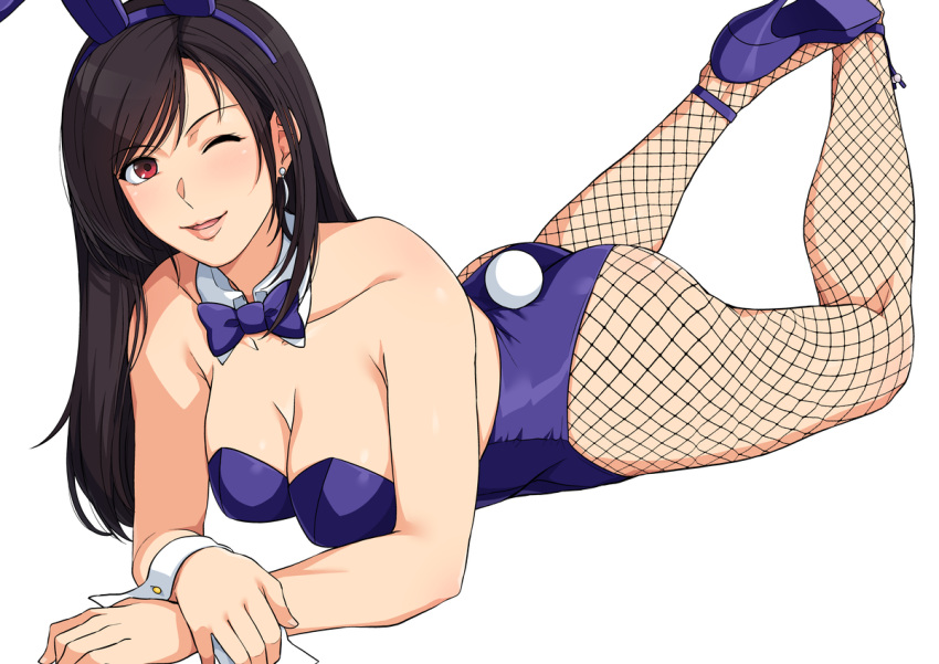 1girl animal_ears ass bare_shoulders black_hair bow bowtie breasts cleavage collarbone commentary_request detached_collar earrings eyebrows_visible_through_hair fake_animal_ears feet final_fantasy final_fantasy_vii fishnet_legwear fishnets hand_on_own_arm haruhisky high_heels jewelry legs leotard long_hair looking_at_viewer lying on_stomach one_eye_closed open_mouth purple_bow purple_bowtie purple_footwear purple_legwear rabbit_ears rabbit_tail red_eyes simple_background smile solo strapless strapless_leotard tail tifa_lockhart white_background wrist_cuffs