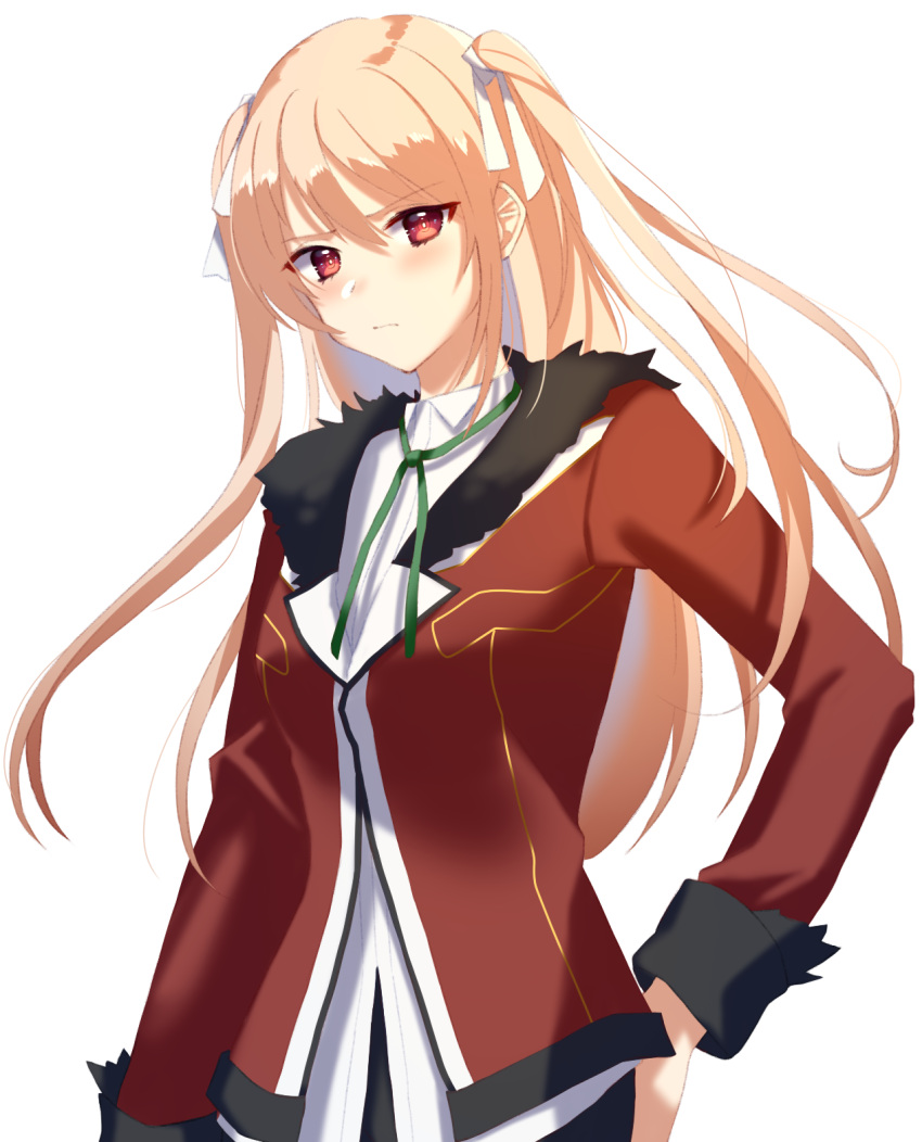 1girl arcelle baldr_sky bangs blonde_hair blush breasts brown_eyes collared_shirt eyebrows_visible_through_hair frown fur_trim green_ribbon hair_behind_ear hand_on_hip highres jacket looking_at_viewer medium_breasts minazuki_sora neck_ribbon red_jacket ribbon shirt solo two_side_up white_background white_shirt