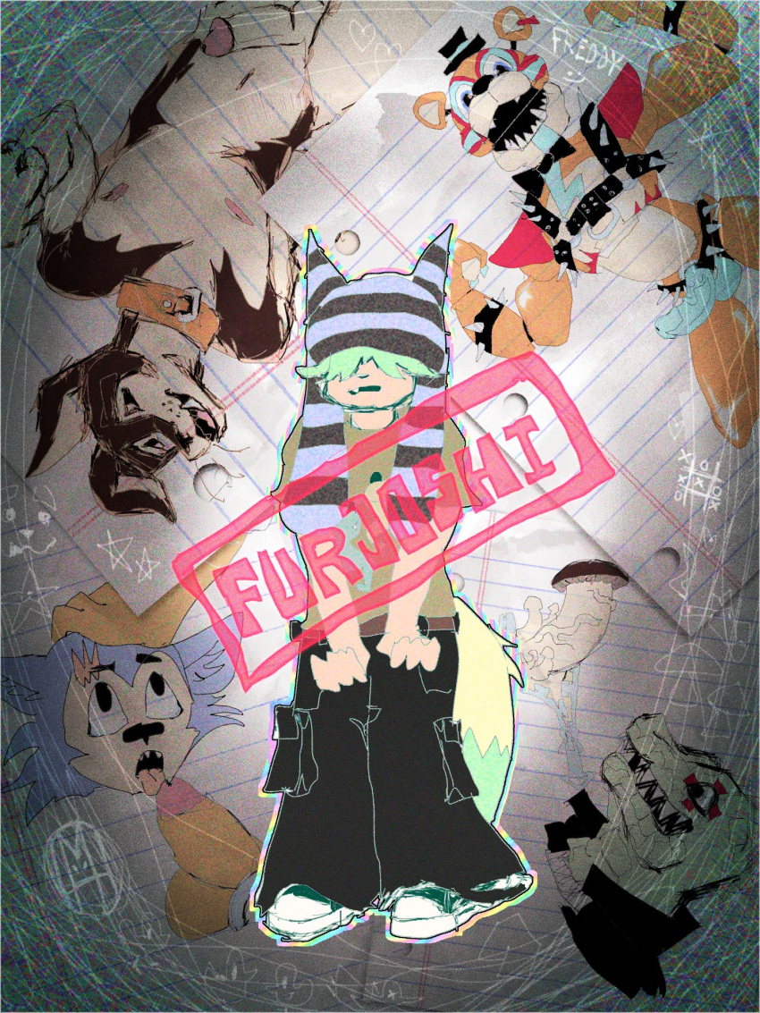 3:4 ambiguous_gender anthro biped bottomwear canid canine canis character_name clothing collar domestic_dog ear_hat erection fellatio female five_nights_at_freddy's footwear freddy_(fnaf) fujoshi fungus genitals green_hair hair harness hat hat_over_eyes headgear headwear hi_res homomancer mammal multiple_images mushroom oral pants pattern_clothing pattern_hat pattern_headgear pattern_headwear penile penis scalie scottgames sex sharp_teeth shoes sketchy small_hat sneakers solo spiked_harness spikes standing strapon striped_clothing striped_hat striped_headgear striped_headwear stripes teeth text tic_tac_toe top_hat zipper