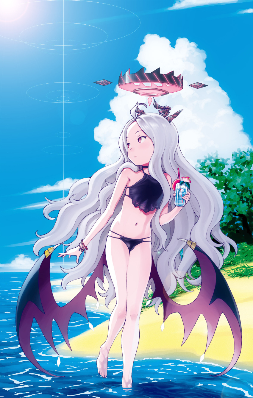 1girl absurdres ahoge backlighting bangs bare_shoulders beach bikini black_bikini blue_archive blue_sky cloud cocktail cup demon_horns demon_wings drinking_glass drinking_straw full_body halo highres hijiri_rei hina_(blue_archive) horns long_hair looking_back looking_to_the_side low_wings mechanical_halo multi-strapped_bikini navel outdoors parted_bangs pink_eyes silver_hair sky solo sun sunlight swimsuit very_long_hair wading water wings