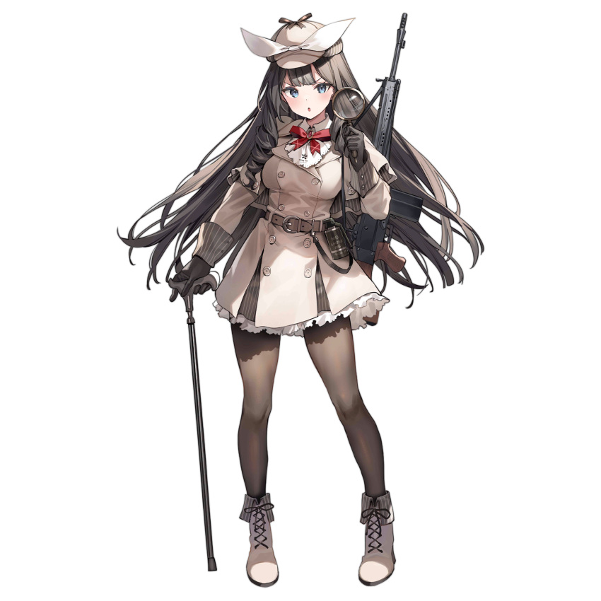 1girl ascot banned_artist battle_rifle beige_coat belt belt_buckle black_gloves blue_eyes bow bowtie brooch brown_hair brown_legwear buckle cabbie_hat cane coat drill_hair drill_locks full_body girls'_frontline gloves gun hat hat_bow highres holding holding_magnifying_glass howa_type_64 howa_type_64_(a_job_that_doesn't_suit_her)_(girls'_frontline) howa_type_64_(girls'_frontline) jewelry lace_trim long_hair m18_grenade magnifying_glass official_alternate_costume official_art pantyhose parsley-f parted_lips rifle rifle_on_back side-seamed_gloves sidelocks smoke_grenade solo strap transparent_background trench_coat tsurime very_long_hair weapon white_bow white_footwear
