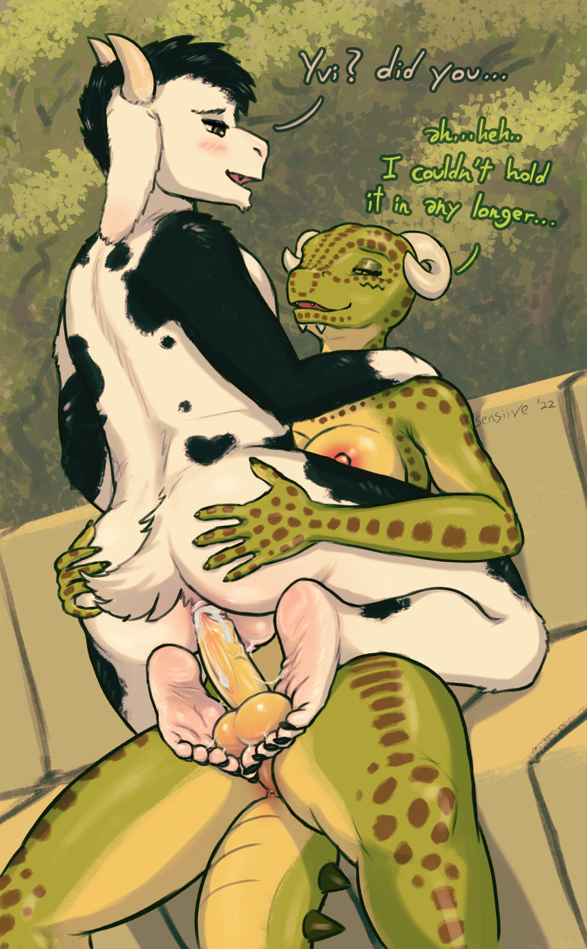 2022 absurd_res anal anthro anus argonian ball_fondling balls bench bethesda_softworks bodily_fluids bovid breasts butt butt_grab caprine cum detailed_background dialogue duo embrace erection feet feet_on_balls fondling foot_fetish foot_play footjob forest fur genital_fluids genitals goat gynomorph hand_on_butt hi_res humanoid_genitalia humanoid_penis intersex intersex/male lizard male male_penetrated mammal nude on_lap penetration penis plant premature_ejaculation reptile riding scalie sensiive sex shallow_penetration sitting_on_lap spoutpout the_elder_scrolls toes tree video_games wet yviis-nes