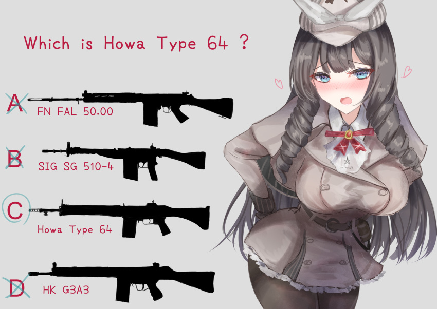 1girl absurdres ascot ass battle_rifle beige_coat belt belt_buckle blue_eyes blush bow bowtie breasts brooch brown_hair brown_legwear buckle cabbie_hat circled coat cowboy_shot crossed_out drill_hair drill_locks english_text explosive eyelashes fn_fal girls'_frontline gloves grenade grey_background gun h&amp;k_g3a3 hand_on_hip hat hat_bow heart highres howa_type_64 howa_type_64_(a_job_that_doesn't_suit_her)_(girls'_frontline) howa_type_64_(girls'_frontline) huge_breasts jewelry leaning_forward long_hair look-alike looking_at_viewer m18_grenade martinreaction nose_blush official_alternate_costume open_mouth pantyhose quiz rifle sidelocks sig_510 silhouette simple_background solo strap trench_coat very_long_hair weapon white_bow