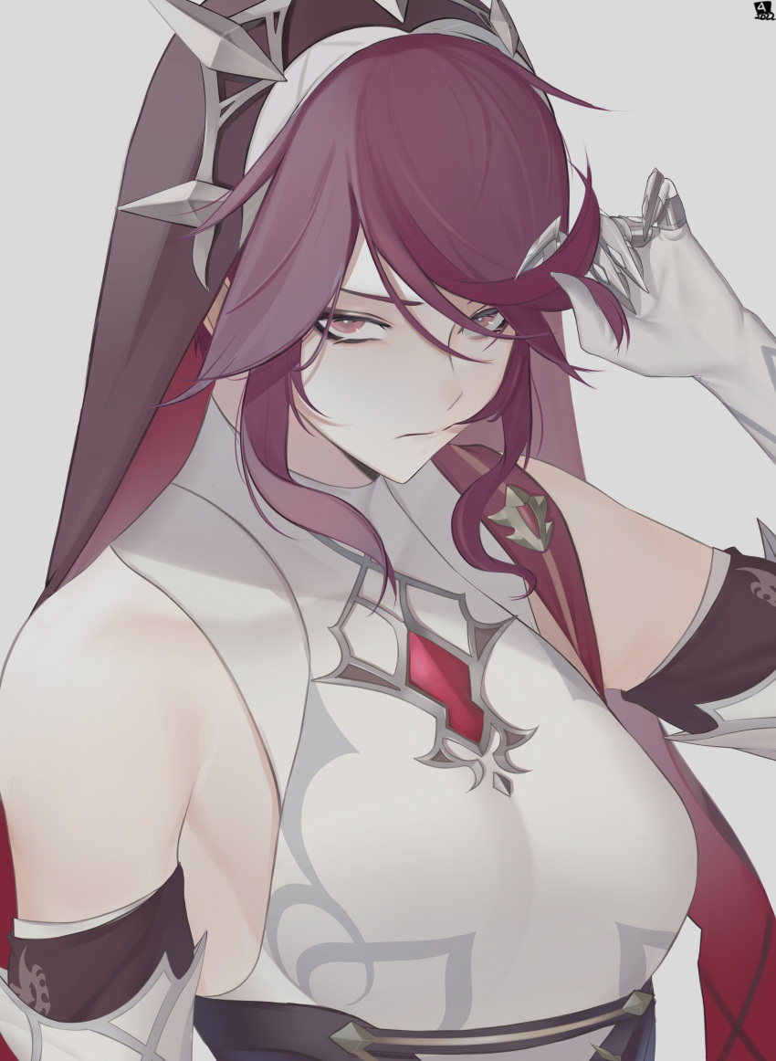 1girl 4lan absurdres bangs bare_shoulders breasts claws elbow_gloves frown genshin_impact glaring gloves hand_in_hair highres looking_at_viewer medium_breasts nun pale_skin purple_eyes purple_hair rosaria_(genshin_impact) solo swept_bangs upper_body veil white_gloves