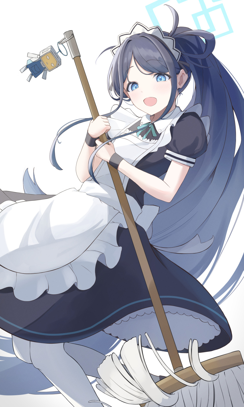 1girl absurdly_long_hair absurdres apron aqua_eyes aqua_halo aqua_ribbon aris_(blue_archive) aris_(maid)_(blue_archive) back_bow black_dress black_shoes blue_archive blue_hair bow capo7585 collared_dress commentary contrast_collar dress foot_out_of_frame frilled_apron frilled_dress frills gradient_hair hair_behind_ear halo high_ponytail highres holding holding_mop kei_(robot)_(blue_archive) light_blush long_hair long_sidelocks looking_at_viewer maid maid_apron maid_headdress mop multicolored_hair neck_ribbon official_alternate_costume official_alternate_hairstyle open_mouth pantyhose parted_bangs ponytail puffy_short_sleeves puffy_sleeves rectangular_halo ribbon shoes short_sleeves sidelocks simple_background smile solo tareme very_long_hair white_apron white_background white_bow white_headdress white_pantyhose