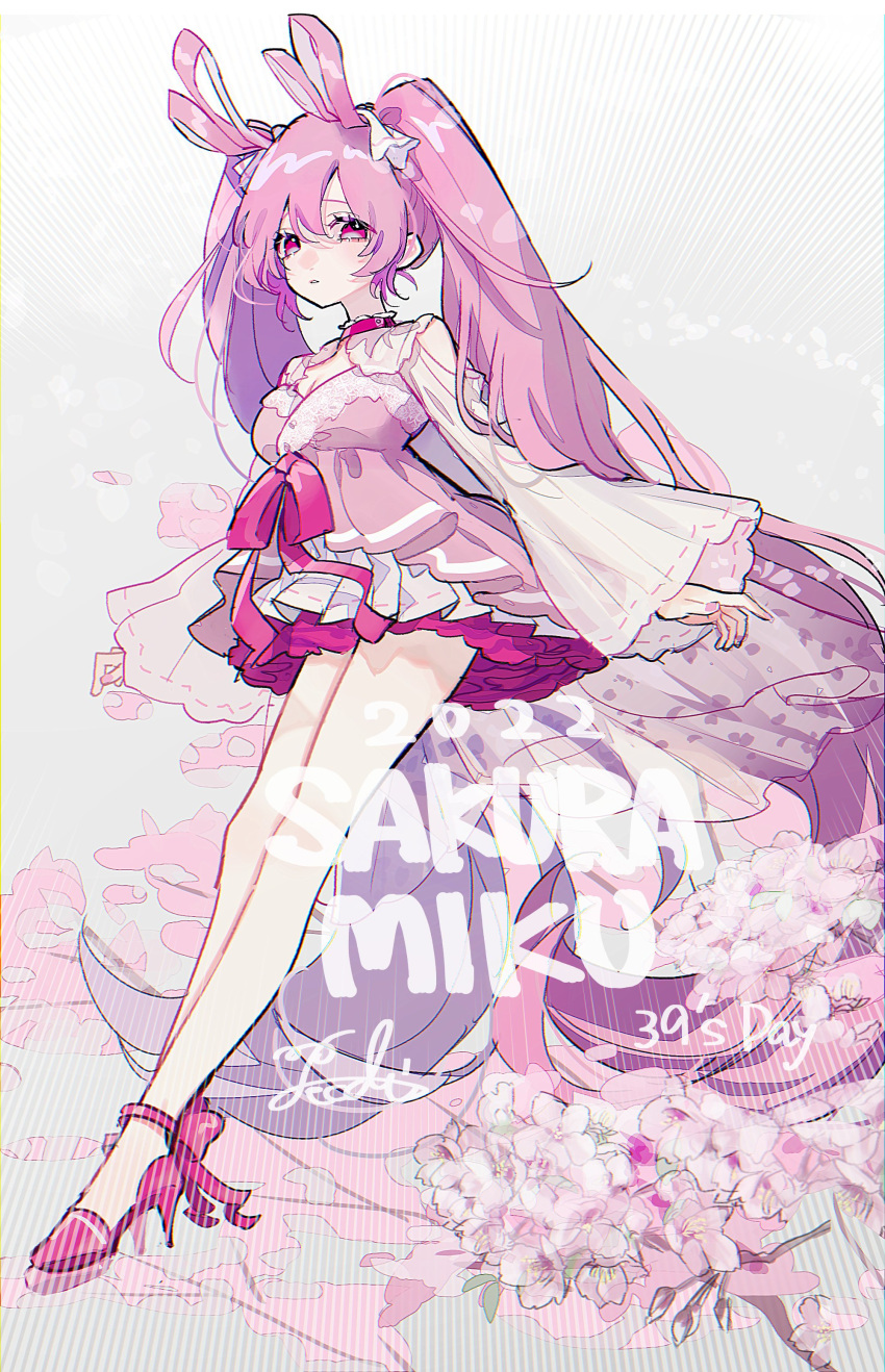 1girl 39 2022 absurdres bangs bow branch breasts character_name cherry_blossoms choker commentary_request dress flower footwear_bow full_body hair_ribbon hatsune_miku high_heels highres long_hair long_sleeves looking_at_viewer medium_breasts parted_lips pecchii pink_bow pink_choker pink_dress pink_eyes pink_flower pink_footwear pink_hair pink_ribbon pink_theme ribbon sakura_miku shoes sidelocks solo twintails very_long_hair vocaloid white_sleeves