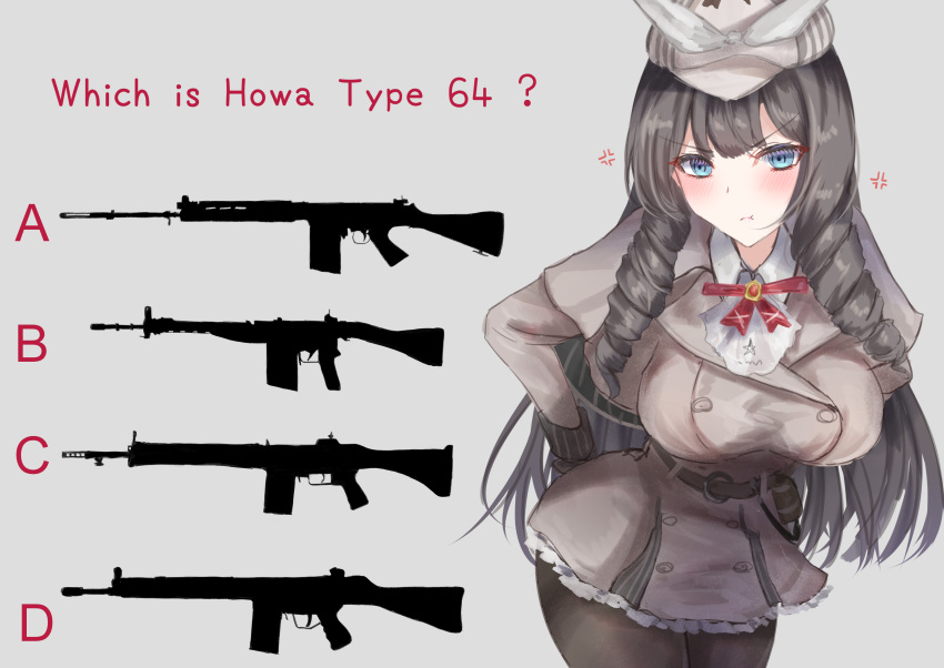 1girl :t absurdres anger_vein ascot ass battle_rifle beige_coat belt belt_buckle blue_eyes blush bow bowtie breasts brooch brown_hair brown_legwear buckle cabbie_hat coat cowboy_shot drill_hair drill_locks english_text explosive eyelashes fn_fal frown girls'_frontline gloves grenade grey_background gun h&amp;k_g3a3 hand_on_hip hat hat_bow highres howa_type_64 howa_type_64_(a_job_that_doesn't_suit_her)_(girls'_frontline) howa_type_64_(girls'_frontline) huge_breasts jewelry leaning_forward long_hair look-alike looking_at_viewer m18_grenade martinreaction official_alternate_costume pantyhose quiz rifle sidelocks sig_510 silhouette simple_background solo strap trench_coat very_long_hair weapon white_bow