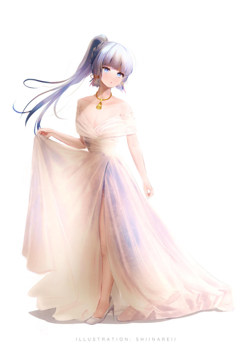 1girl absurdres bare_shoulders blue_eyes blue_hair breasts cleavage clothes_lift dress dress_lift full_body genshin_impact high_heels highres kamisato_ayaka lifted_by_self looking_at_viewer off_shoulder ponytail shiina_rei sidelocks simple_background wedding_dress white_background white_dress