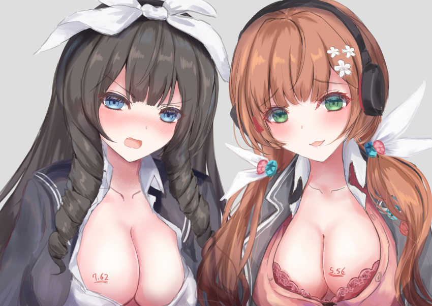 2girls :3 absurdres annoyed blue_eyes blush body_writing bow bra breasts brown_hair cleavage collarbone drill_hair drill_locks eyelashes flower girls'_frontline green_eyes grey_background hair_flower hair_ornament headphones highres howa_type_64_(girls'_frontline) howa_type_89_(girls'_frontline) jacket lace-trimmed_bra lace_trim large_breasts long_hair looking_at_viewer low_twintails martinreaction multiple_girls open_clothes open_jacket open_mouth open_shirt orange_hair parted_lips red_bra sidelocks simple_background smile trait_connection twintails underwear upper_body white_bow
