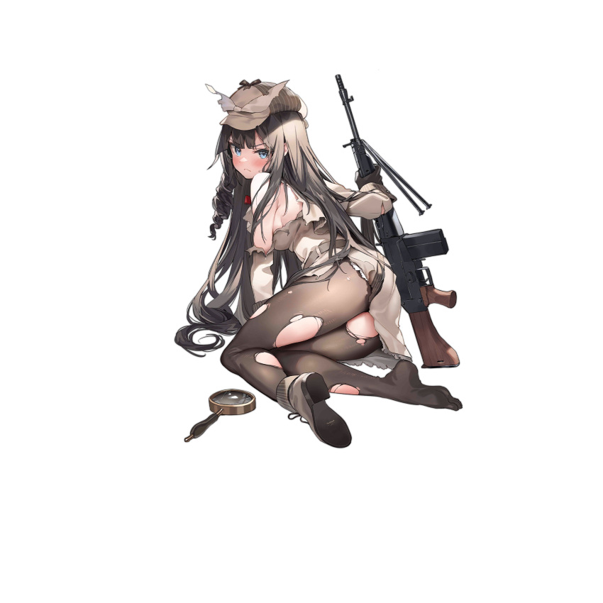 &gt;:( 1girl ascot banned_artist battle_rifle beige_coat belt bipod black_gloves blue_eyes blush boot_removed boots bow breasts brown_hair brown_legwear cabbie_hat coat cracked_glass damaged drill_hair drill_locks full_body girls'_frontline gloves gun hair_flowing_over hat hat_bow highres holding holding_gun holding_weapon howa_type_64 howa_type_64_(a_job_that_doesn't_suit_her)_(girls'_frontline) howa_type_64_(girls'_frontline) lace_trim long_hair looking_at_viewer looking_back magnifying_glass official_alternate_costume official_art pantyhose parsley-f rifle sideboob sidelocks sitting solo strap sweatdrop thighs torn_clothes torn_coat torn_legwear transparent_background trench_coat tsurime v-shaped_eyebrows very_long_hair weapon white_bow yokozuwari