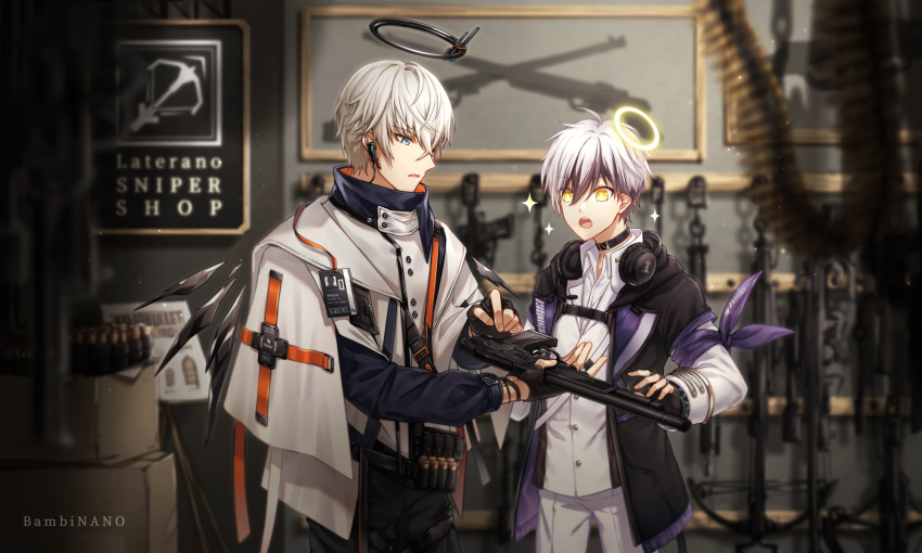 adnachiel_(arknights) arknights armband bambi_nano bishounen blue_eyes choker collared_shirt cowboy_shot english_text executor_(arknights) fingerless_gloves gloves gun halo headphones highres id_card male_focus mechanical_halo purple_hair shirt short_hair silver_hair sparkle weapon white_shirt wings yellow_eyes