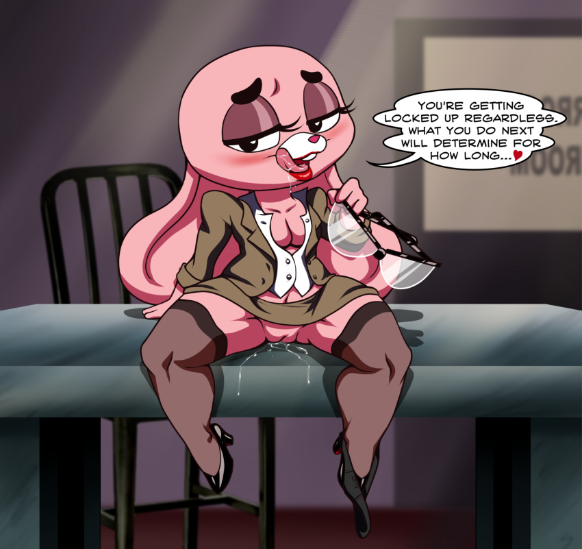 absurd_res aged_up anais_watterson anthro bedroom_eyes big_ears big_head black_clothing black_panties black_underwear blush bodily_fluids bottomless bottomwear breasts buckteeth business_suit cartoon_network cel_shading chair cleavage cleavage_cutout clothed clothing desk detailed_background dress_shirt dripping dripping_pussy drooling eyebrows eyelashes eyeshadow eyewear female fur furniture genital_fluids genitals glasses glasses_off glistening glistening_eyes half-closed_eyes hi_res high_heels interrogation jacket knees_bent lagomorph leggings legwear leporid licking licking_lips licking_own_lips lips lipstick long_ears looking_at_viewer makeup mammal midriff narrowed_eyes navel open_bottomwear open_clothing open_mouth open_shirt open_topwear panties panties_around_one_leg partially_clothed pillothestar pink_body pink_fur plump_labia precum presenting presenting_pussy pussy pussy_juice rabbit raised_bottomwear raised_clothing raised_skirt rolled_up_sleeves saliva saliva_drip saliva_on_tongue saliva_string salivating seductive self_lick shaded shirt short_stack sitting sitting_on_desk sitting_on_table size_difference skirt small_breasts small_nose smaller_female smile smiling_at_viewer solo speech_bubble spread_knees spread_legs spreading suit table teasing teeth text the_amazing_world_of_gumball thick_eyebrows thick_lips thick_thighs thigh_highs tight_clothing tights tongue tongue_out toony topwear underwear underwear_around_one_leg unknown_artist wide_hips