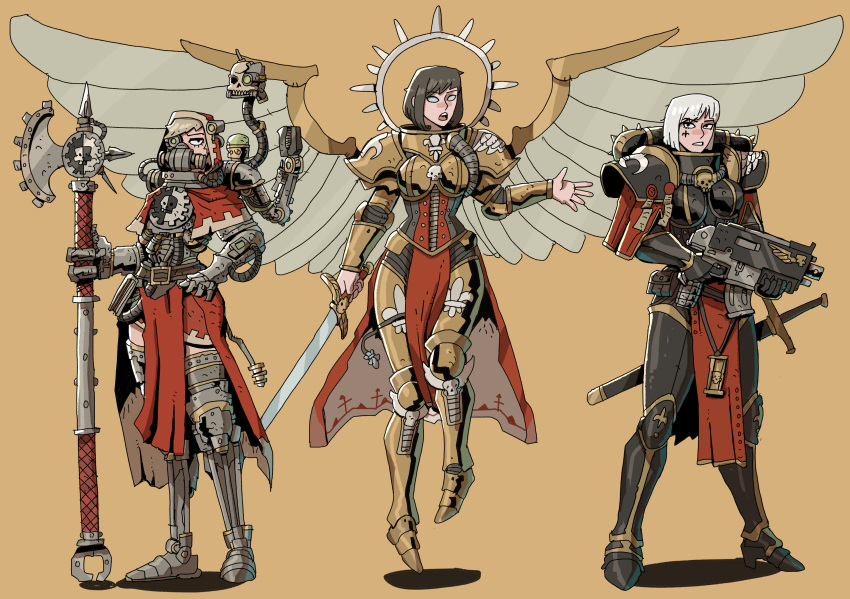 3girls adepta_sororitas armor axe black_eyes blonde_hair bob_cut bolter brown_hair disembodied_limb facial_tattoo full_body full_moon gas_mask gauntlets gun highres ho-uja holding holding_axe holding_gun holding_sword holding_weapon looking_at_viewer mask mechanical_arms moon multiple_girls open_mouth pauldrons scabbard shadow sheath short_hair shoulder_armor simple_background single_mechanical_arm skull standing sword tattoo techpriest warhammer_40k weapon white_hair wings yellow_background