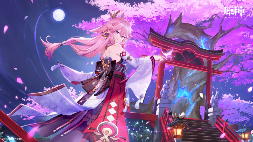 1girl animal_ears back bare_shoulders black_bow bow cherry_blossoms criin detached_sleeves earrings floating_hair fox_ears from_behind full_moon genshin_impact hair_ornament highres japanese_clothes jewelry kimono long_hair long_sleeves looking_at_viewer looking_back moon night obi official_art outdoors pink_hair purple_eyes sash solo standing torii tree very_long_hair wide_sleeves wind yae_miko
