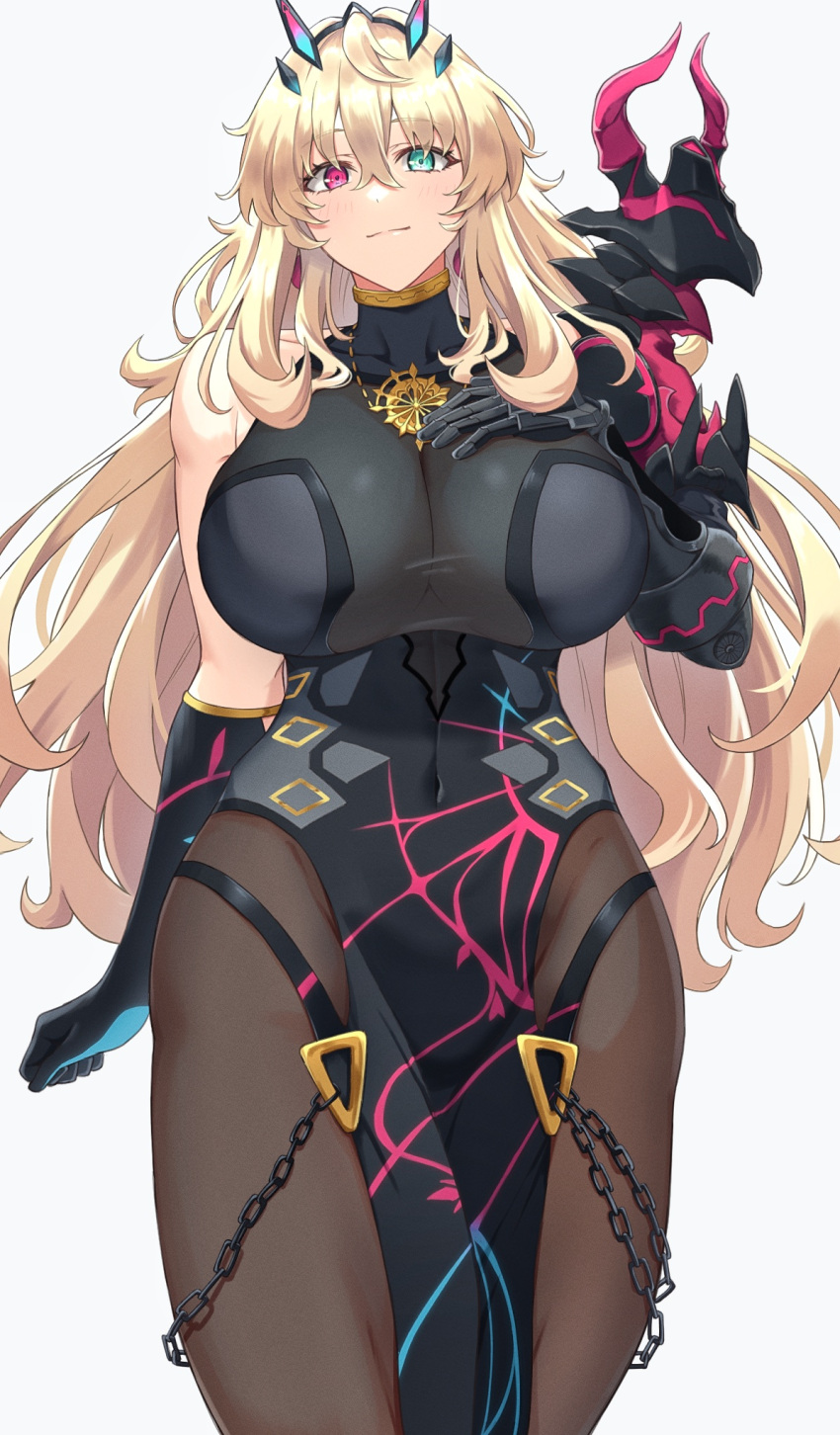 1girl armor bangs bare_shoulders black_dress black_gloves blonde_hair breasts brown_legwear chain dress earrings elbow_gloves fairy_knight_gawain_(fate) fate/grand_order fate_(series) gauntlets gloves green_eyes heterochromia highres horns jewelry large_breasts long_hair looking_at_viewer mitsuria_(kanesho1102) necklace pantyhose pauldrons pelvic_curtain red_eyes shoulder_armor single_gauntlet single_pauldron smile solo thighs