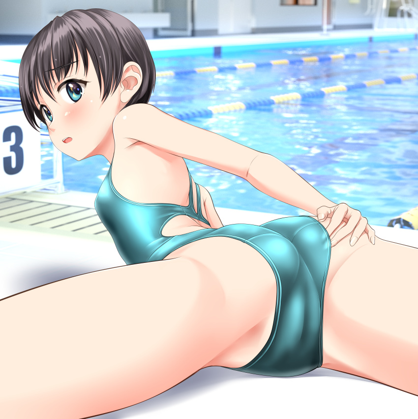 1girl absurdres adjusting_clothes adjusting_swimsuit aqua_swimsuit ass black_hair blue_eyes breasts cameltoe commentary_request competition_swimsuit from_above highres looking_back one-piece_swimsuit original pool short_hair small_breasts solo split spread_legs stretch swimsuit takafumi