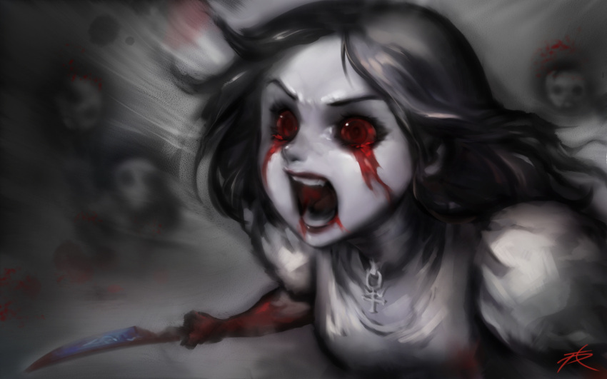 1girl alice:_madness_returns alice_(alice_in_wonderland) american_mcgee's_alice blood blood_from_eyes blood_on_face blood_on_hands dress highres jewelry knife long_hair open_mouth pale_skin phantom_ix_row red_eyes shouting solo