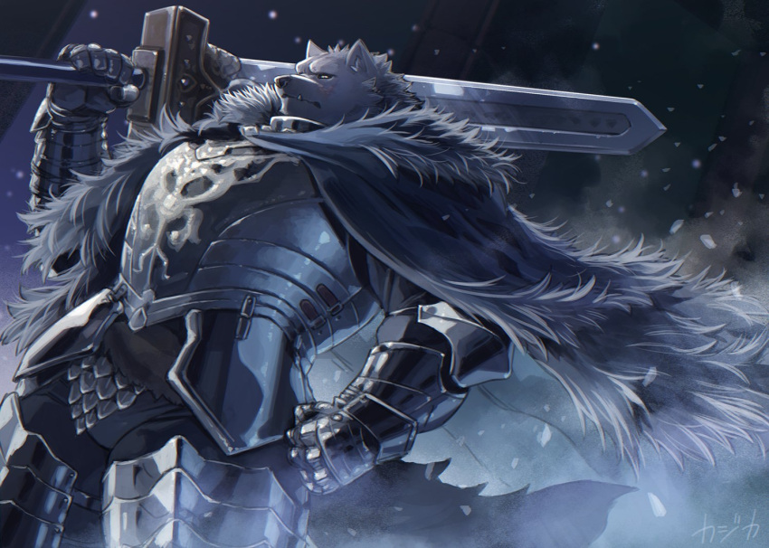 1boy animal_ears animal_head armor bara blaidd_the_half-wolf breastplate brooch cape elden_ring feet_out_of_frame from_below fur-trimmed_cape fur_cape fur_trim furry furry_male gauntlets greatsword huge_weapon jewelry kajika_(_ka_ji_ka) male_focus muscular muscular_male over_shoulder plate_armor short_hair snowing solo sword sword_over_shoulder tusks weapon weapon_over_shoulder wind wolf_boy wolf_ears