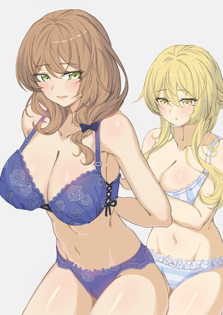 1girl 2girls absurdres adjusting_bra adjusting_clothes bangs bare_arms blonde_hair blue_bra blue_panties blush bra breasts brown_hair bug cleavage commentary_request eyebrows_visible_through_hair firefly genshin_impact green_eyes hair_between_eyes highres large_breasts lisa_(genshin_impact) long_hair lumine_(genshin_impact) medium_breasts multiple_girls navel o-los open_mouth panties sidelocks simple_background standing striped striped_bra striped_panties thighhighs underwear underwear_only white_background white_bra white_panties yellow_eyes