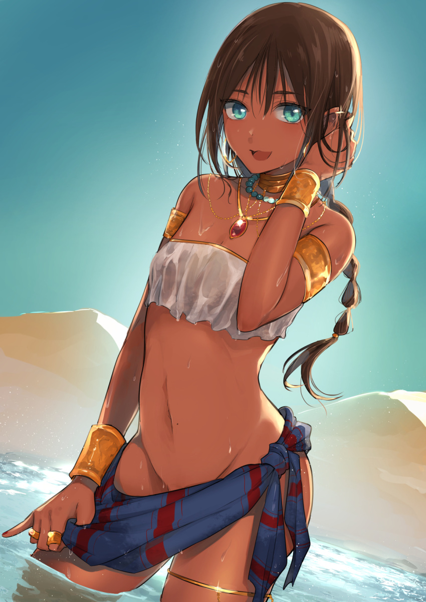 1boy :d aobe_mahito aqua_eyes armlet bangs bare_shoulders bead_bracelet beads bishounen bracelet bracer brown_hair cowboy_shot crop_top crop_top_overhang dancer dark-skinned_male dark_skin day desert dutch_angle earrings gem glint groin hand_in_hair hand_on_own_head hand_up highres jewelry long_hair looking_at_viewer male_focus mole mole_on_stomach mountainous_horizon multi-tied_hair multiple_rings navel neck_ring necklace open_mouth original otoko_no_ko outdoors pinky_out ring sarong see-through skirt_hold smile solo strapless thighlet wading water wet wet_clothes wet_hair