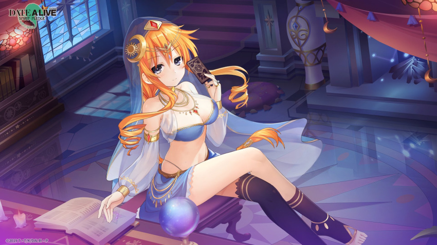 1girl arabian_clothes black_legwear blonde_hair blue_skirt book bookshelf breasts candle card cleavage closed_mouth collar crossed_legs date_a_live date_a_live:_spirit_pledge eyebrows_visible_through_hair fireplace grey_eyes highres holding holding_card indoors long_hair looking_at_viewer official_art sitting skirt smile solo underwear veil yamai_yuzuru