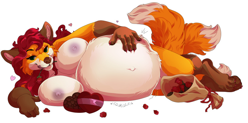 anthro big_breasts breasts candy canid canine carissa chocolate dessert female flower food fox hi_res holidays invalid_tag mammal multi_tail overweight plant romantic rose_(flower) serialdad solo valentine's_day vore