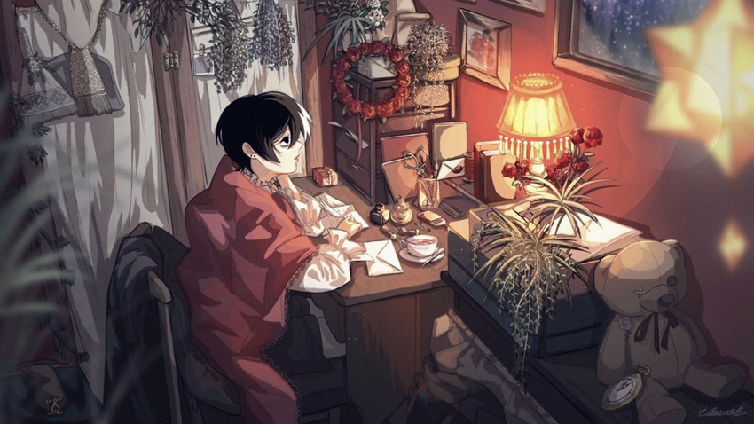 1boy absurdres black_eyes black_hair chair curtains highres indoors isumisumi lamp long_sleeves male_focus original piercing plant red_theme short_hair sitting solo stuffed_animal stuffed_toy teddy_bear