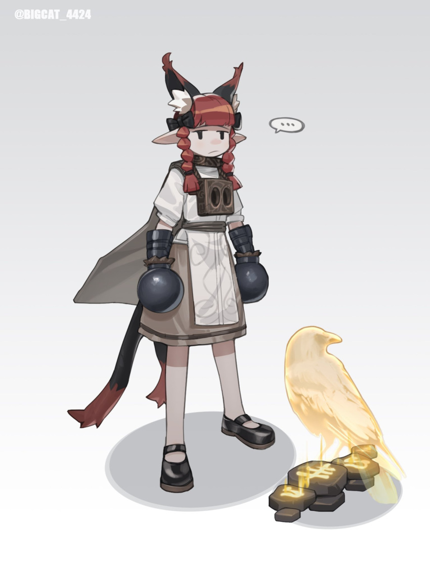 ... 1girl alternate_costume animal_ear_fluff animal_ears bangs bigcat_114514 bird black_bow black_footwear blunt_bangs bow braid cat_ears cat_tail dress eagle extra_ears full_body grey_background hair_bow hair_ribbon highres jitome kaenbyou_rin legs_apart long_hair mary_janes multiple_tails nekomata pointy_ears red_hair ribbon shoes simple_background solo spirit spoken_ellipsis standing tail touhou tress_ribbon twin_braids twintails two_tails white_dress