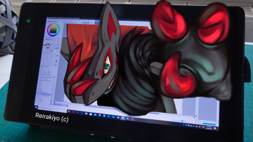 absurd_res ambiguous_gender anthro canid canine chest_tuft claws ears_back edit finger_claws fur green_eyes grey_body grey_fur hair hand_on_face hi_res looking_at_viewer mammal nintendo one_eye_obstructed paint_tool_sai photo_manipulation pivoted_ears pok&eacute;mon pok&eacute;mon_(species) reaching_towards_viewer red_body red_claws red_fur red_hair reirakiyo shaded shadow snout solo tablet tuft video_games zoroark